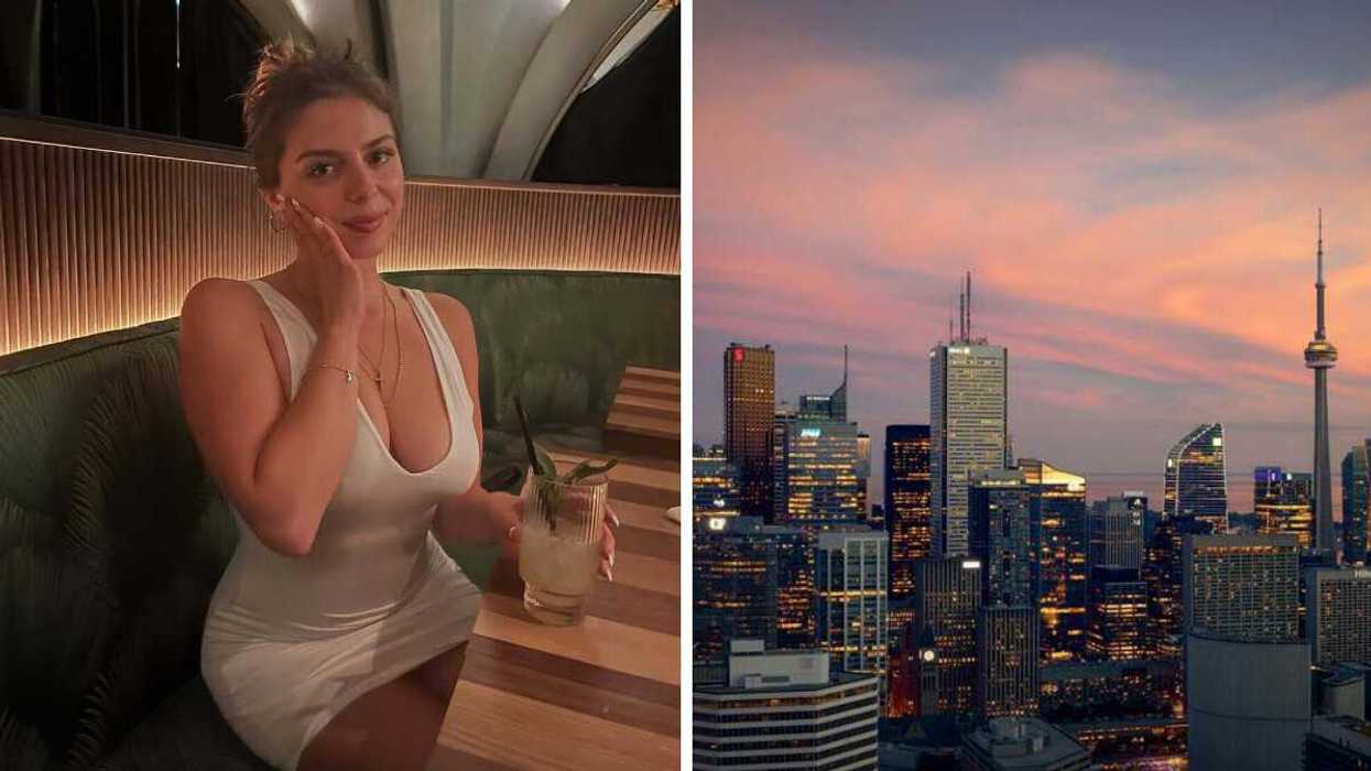 Girl in white dress sitting in green velvet booth with cocktail. Right: Toronto skyline at sunset.
