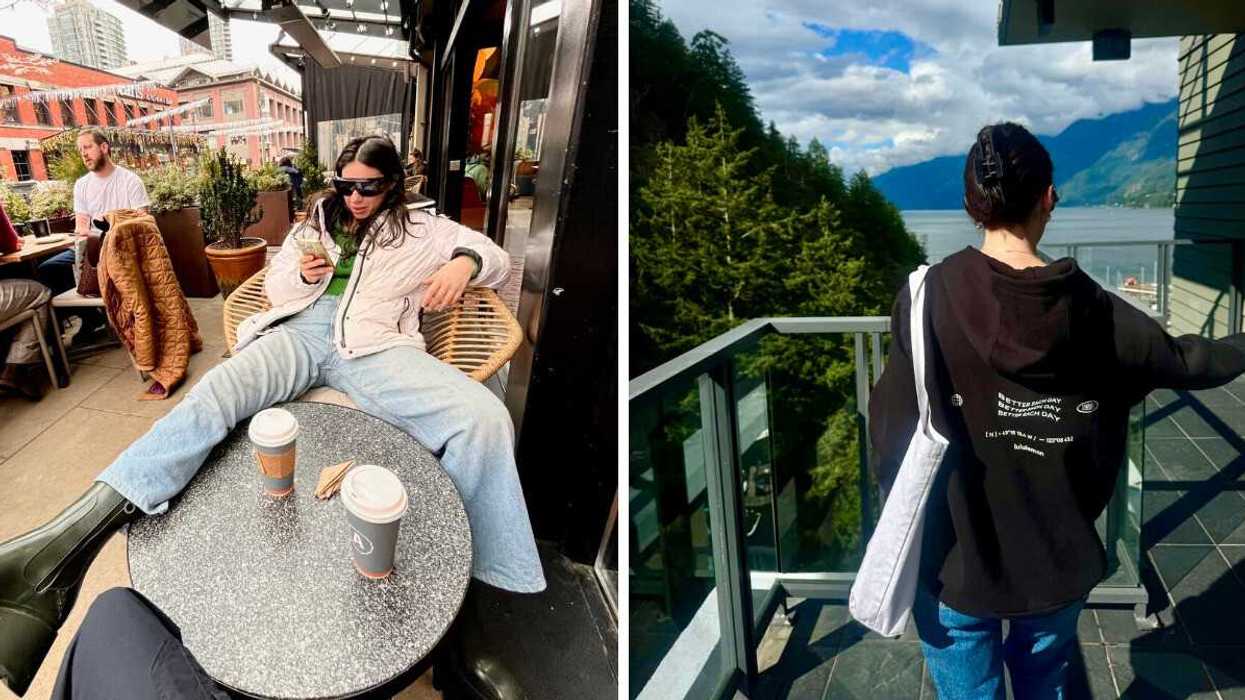Girl in white puffer, sunglasses, and blue jeans checks her phone at a coffee shop patio in Vancouver. Right: Canadian girl in black hoodie looks out at mountain and ocean view on patio in West Vancouver.