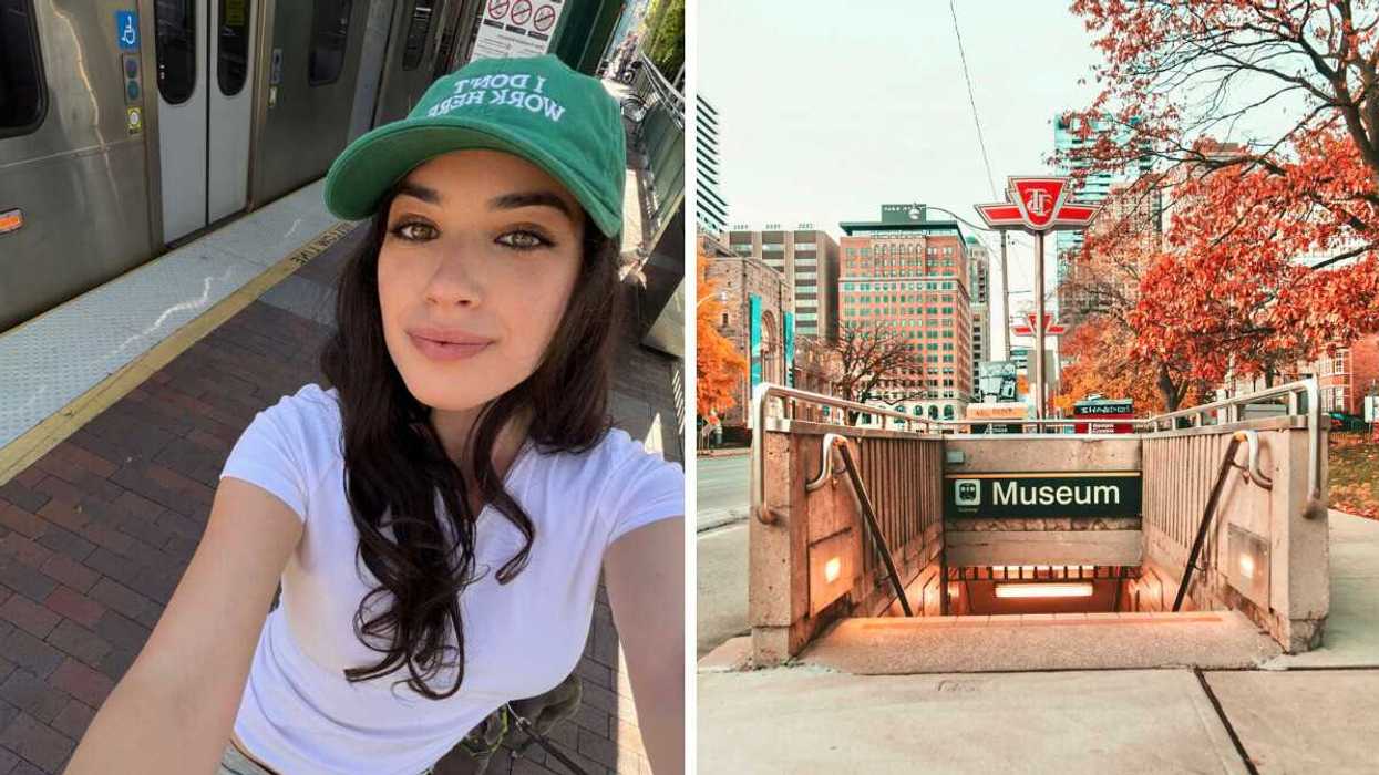 Girl in white t-shirt and green hat smiles while taking a selfie at a train station. Right: Toronto Subway Station entrance during the fall.