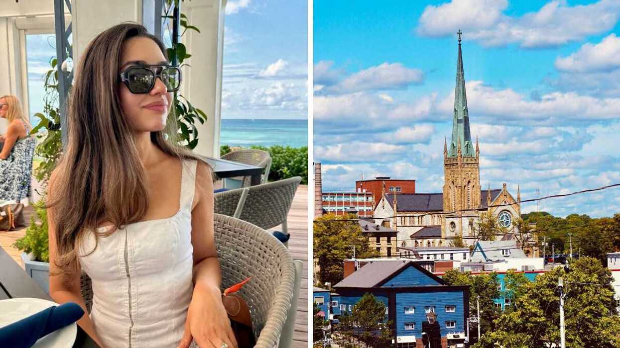 Girl in white top and big sunglasses poses for photo on patio in summer. Right: Historical cathedral spire in St John's.