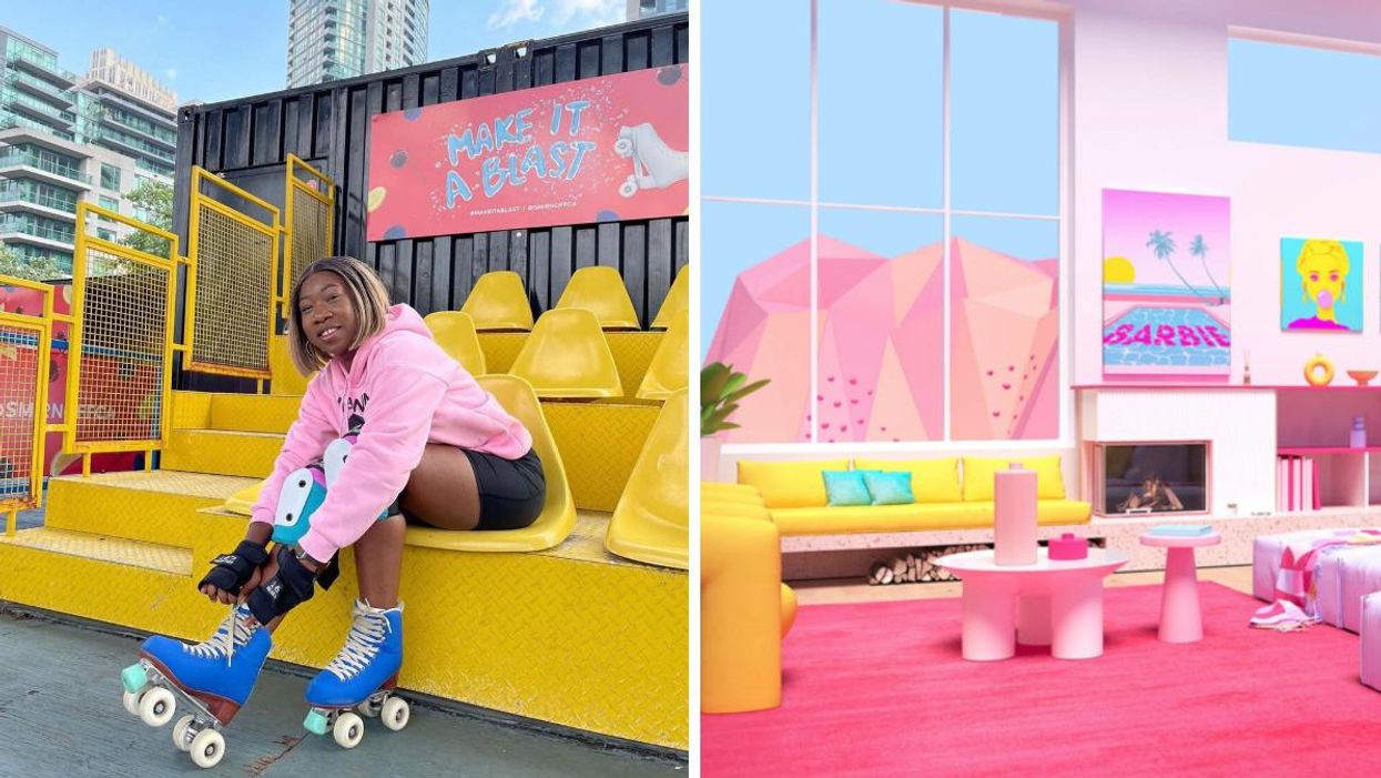 Girl lacing up blue roller skates. Right: Rendering of The World of Barbie experience.