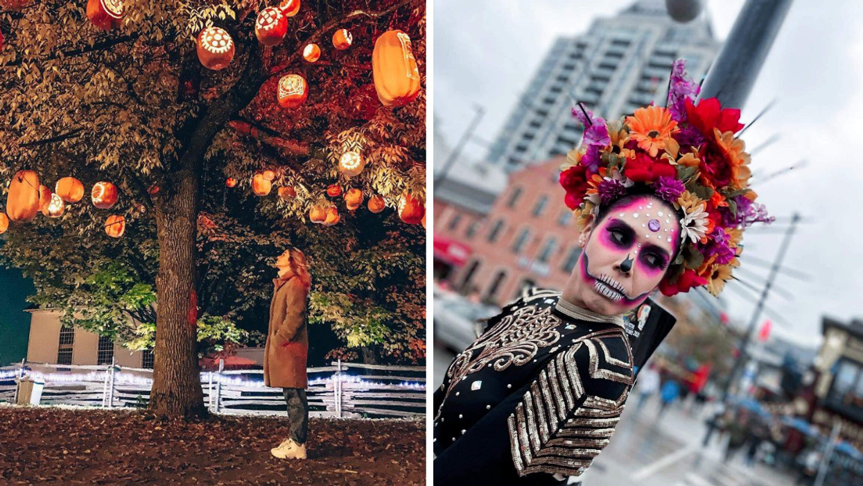 Girl looking at a tree of glowing pumpkins. Right: Girl dressed for the Day of the Dead festival.