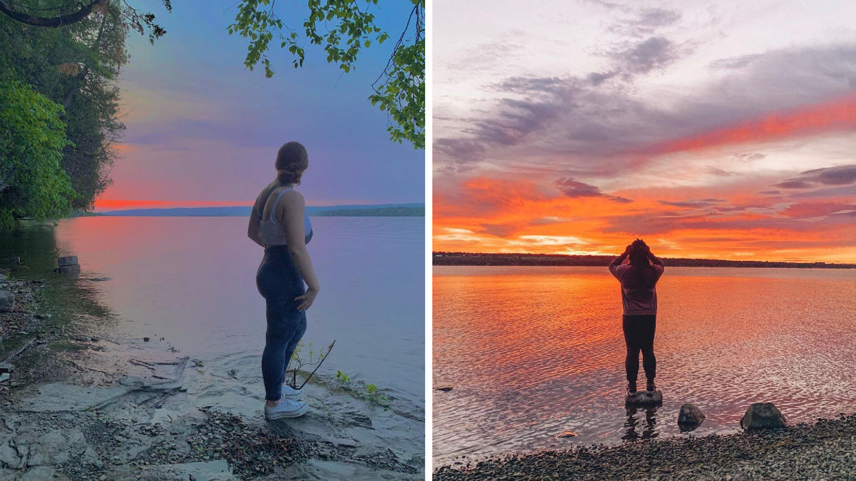 Girl looking at an Ottawa sunset. Right: Girl admiring sunrise over the Ottawa River.