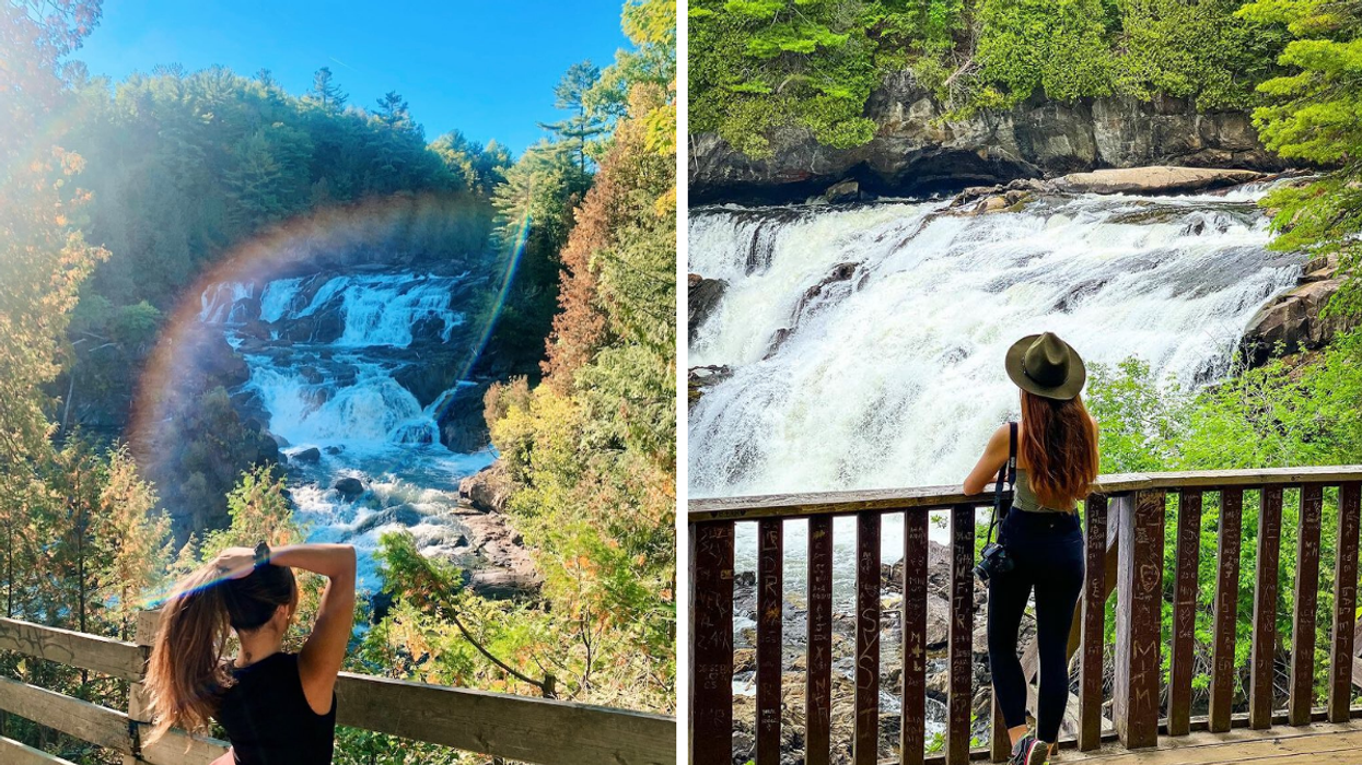 Girl looking at Chutes de Plaisance waterfalls with rainbow, right' back of girl admiring cascading waterfalls near Ottawa