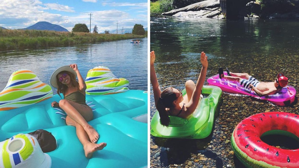 Girl lounging on a tube in a river. Right: Two people are lounging on tubes in a river.