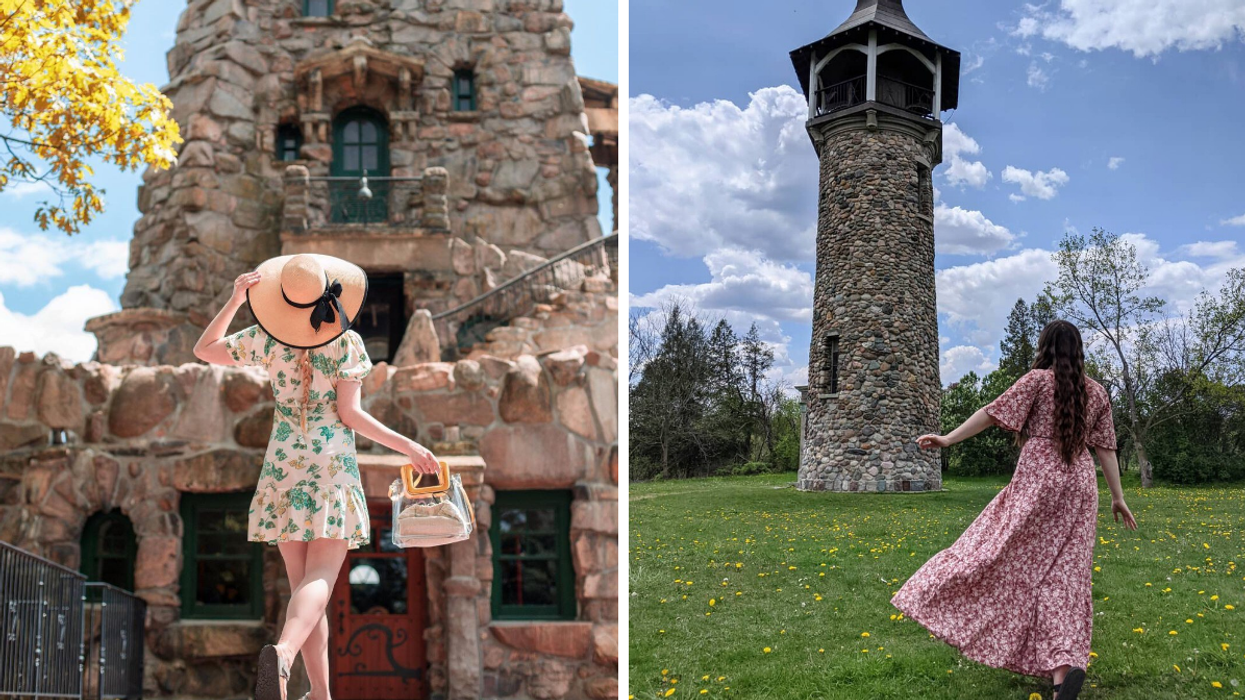 Girl posing in front of Boldt Castle. Right: Walking to the Waterloo Pioneer Memorial Tower.