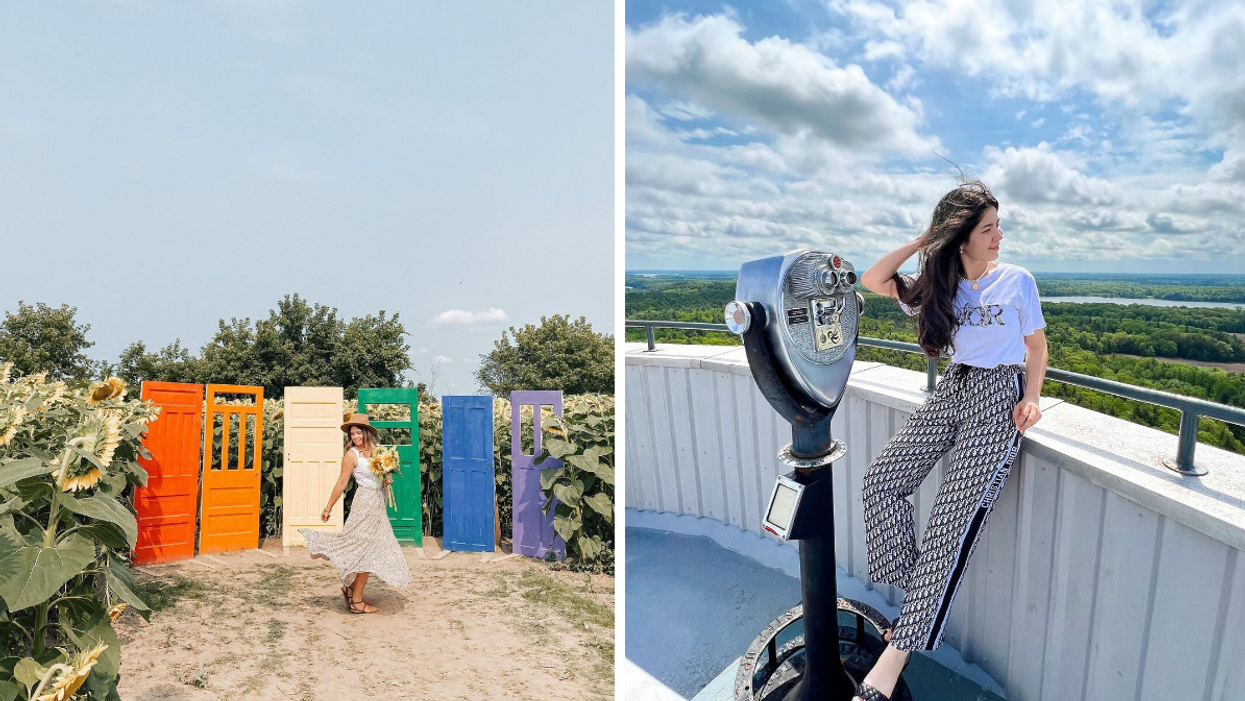 Girl posing in front of rainbow doors at a sunflower field. Right: Overlooking the 1000 islands.