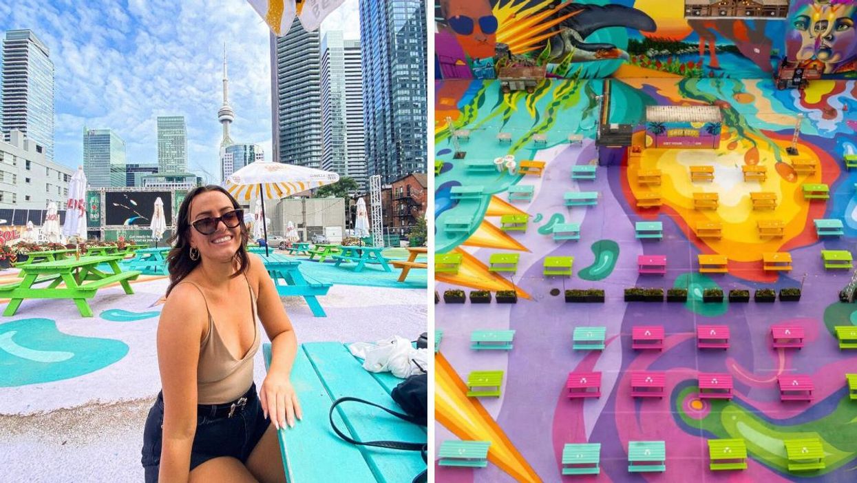 Girl sitting at a picnic table in Toronto. Right: Rendezviews colourful patio in Toronto.
