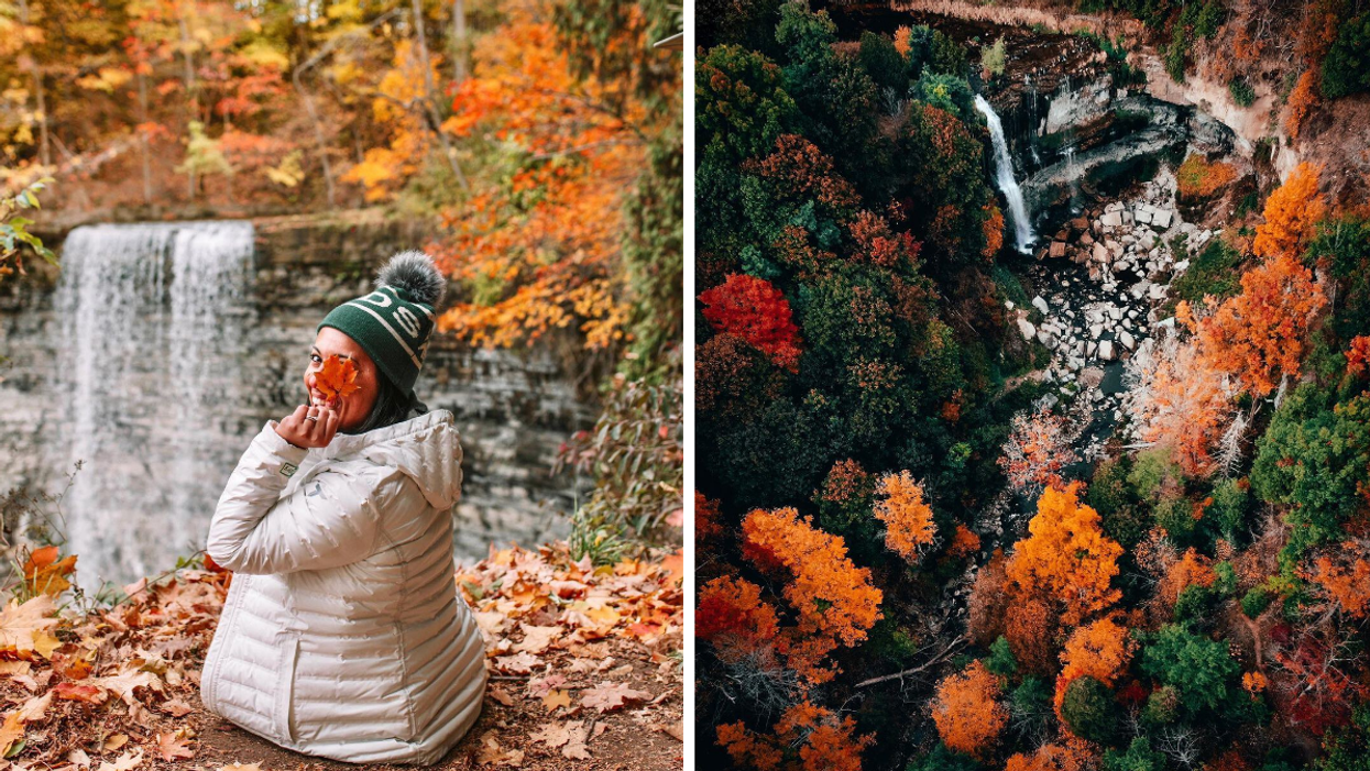Girl sitting by a waterfall surrounded by fall leaves. Right: Webster's Falls during autumn.