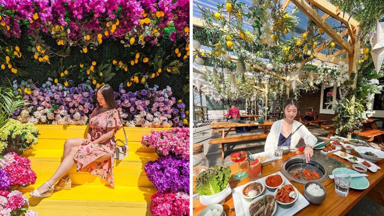 Girl sitting by flowers. Right: Girl at a restaurant with a table of food.