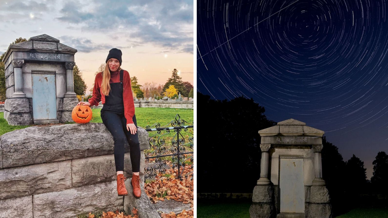 Girl sitting in a cemetery at a giant tomb. Right: Hopkins Tomb at night.