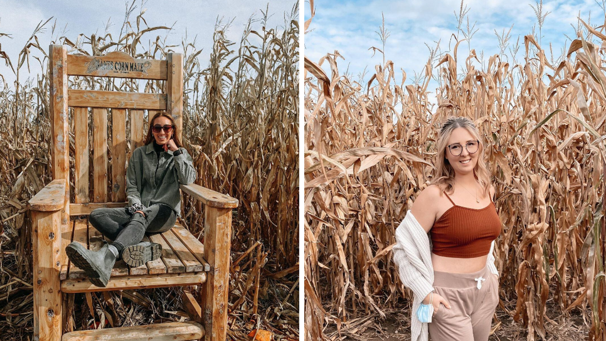 Girl sitting in a giant chair in a corn maze. Right: Girl in an Ontario corn maze.