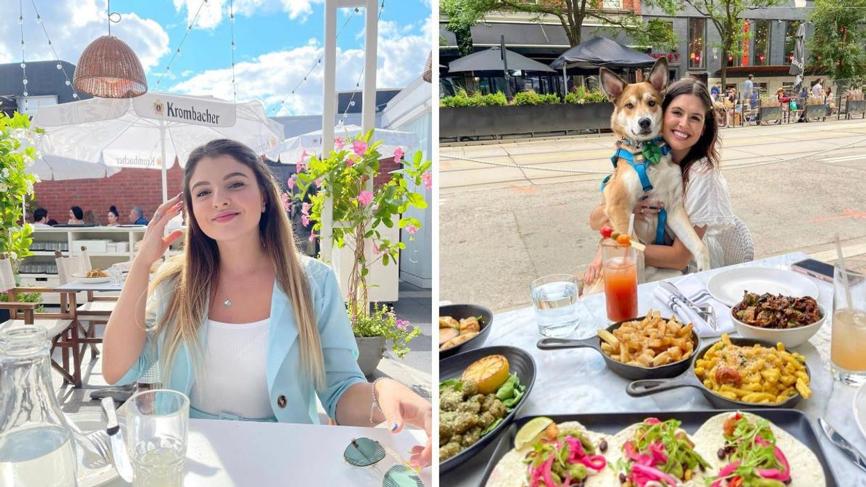 Girl sitting on a patio. Right: Girl and dog sitting at a table filled with food.