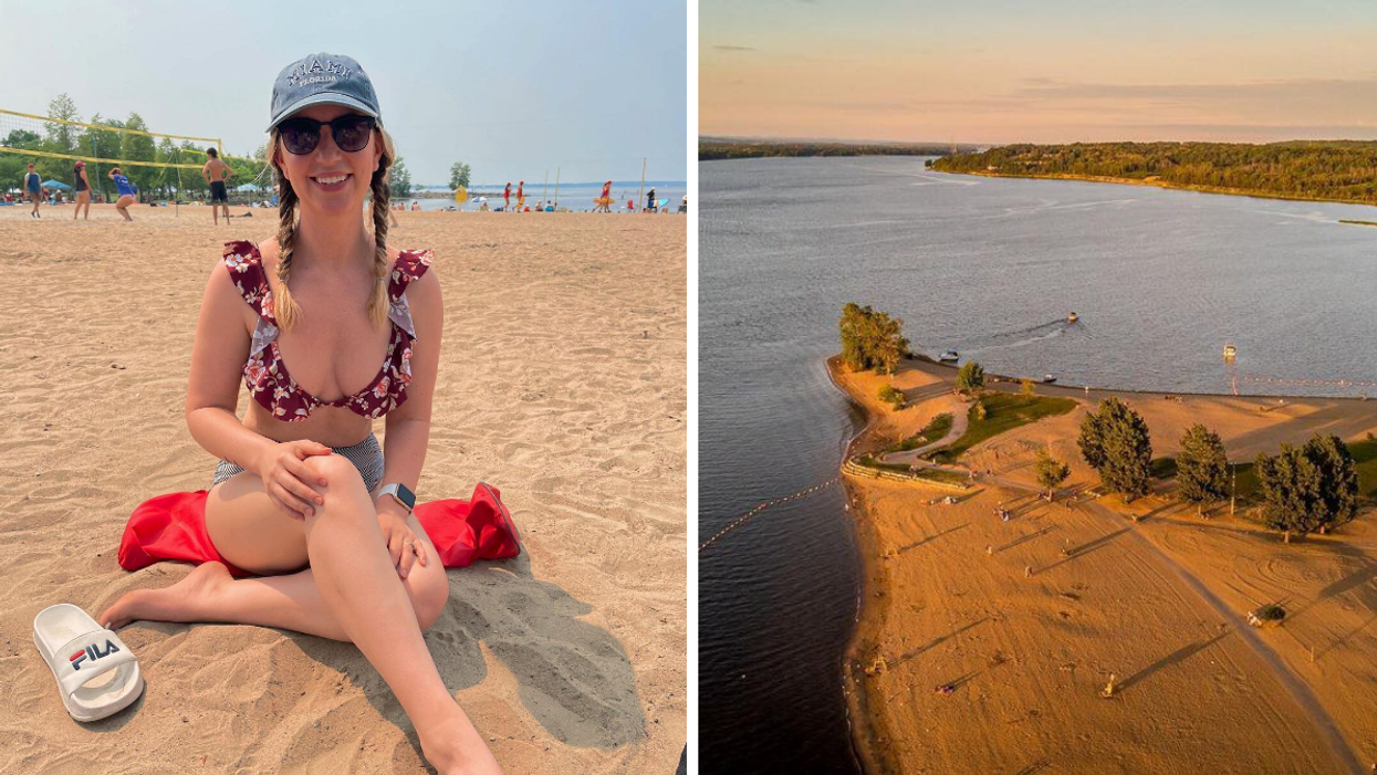Girl sitting on Britannia Beach. Right: Sandy shores of Petrie Island along the Ottawa River.