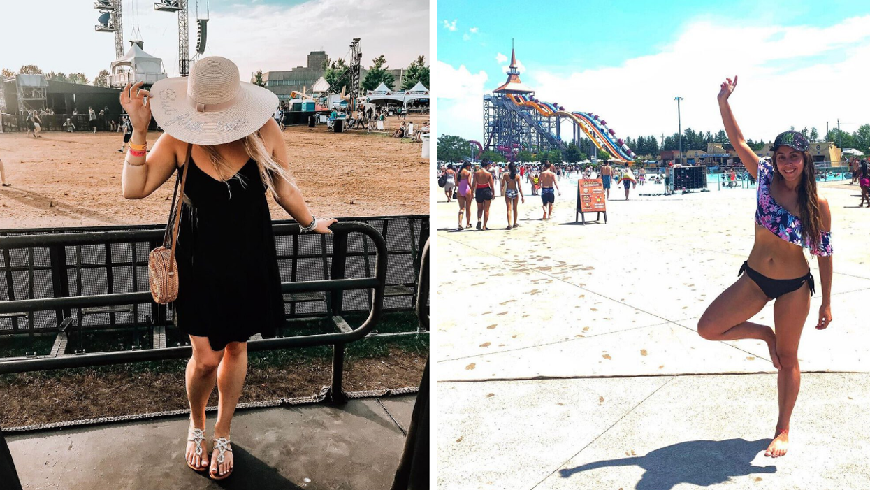 Girl standing at RBC Bluesfest. Right: Waterslides at Calypso water park.