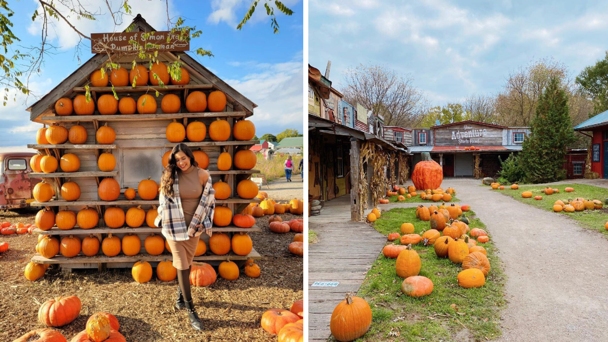 Girl standing in front of pumpkin house. Right: Fall village full of pumpkins.