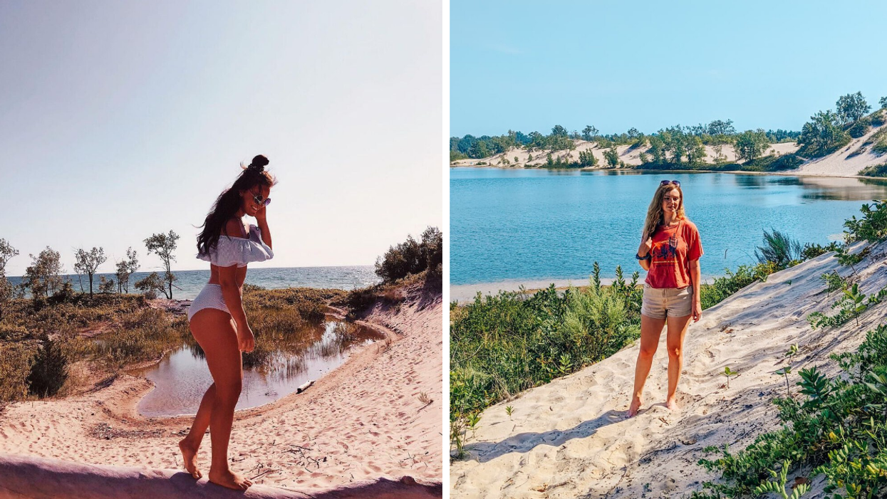 Girl standing on Sandbanks Dunes Beach with West Lake behind her.