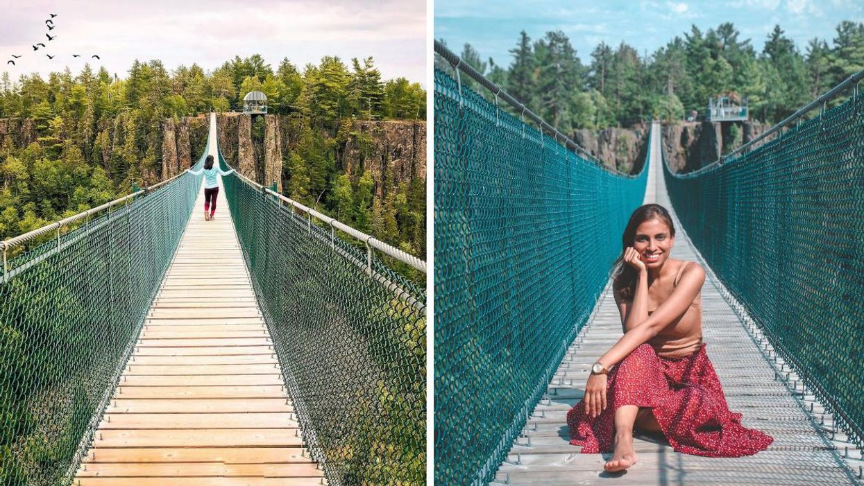 Girl walking across a suspension bridge. Right: Girl sitting on a suspension bridge.