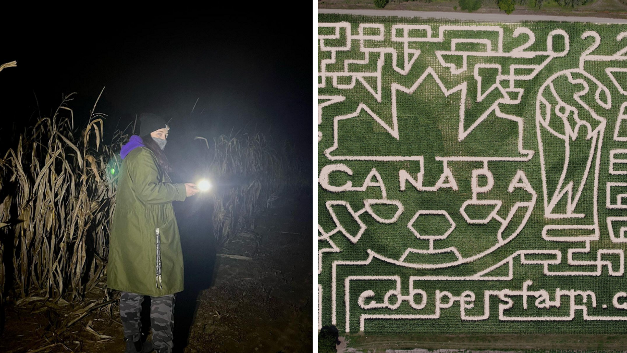 Girl with a flashlight in a night corn maze. Right: Canada soccer shaped corn maze.