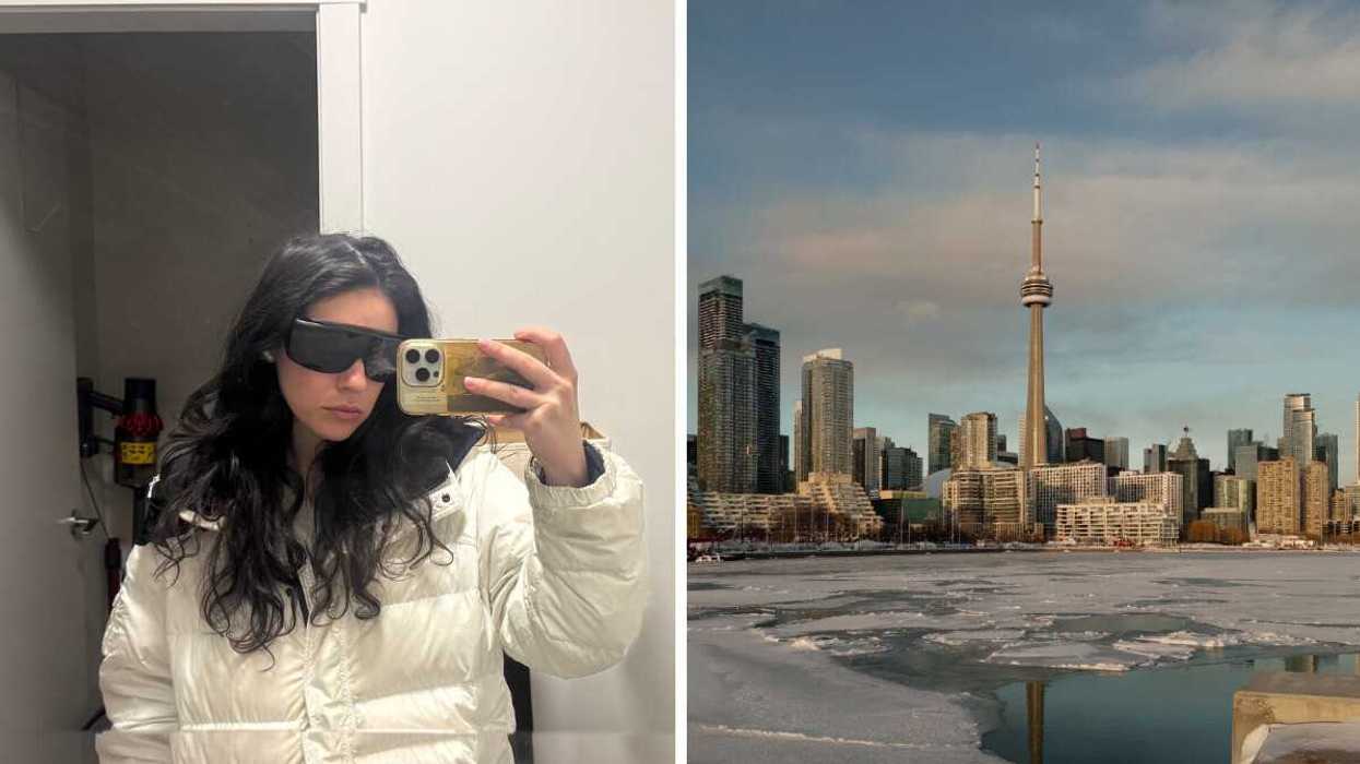 Girl with black hair in black sunglasses and white puffer jacket takes a mirror selfie. Right: Toronto skyline view with frozen lake melting at sunset.