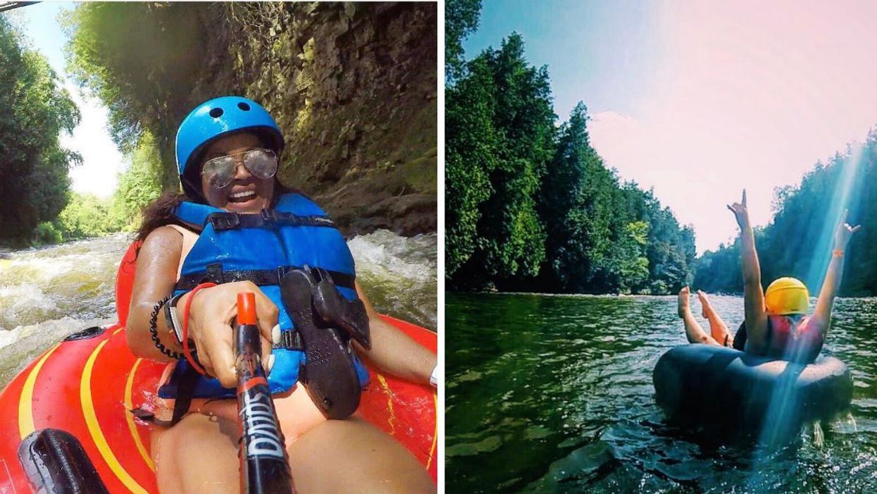 Girl with helmet tubing down a river. Right: Girl in a tube floating in the water.