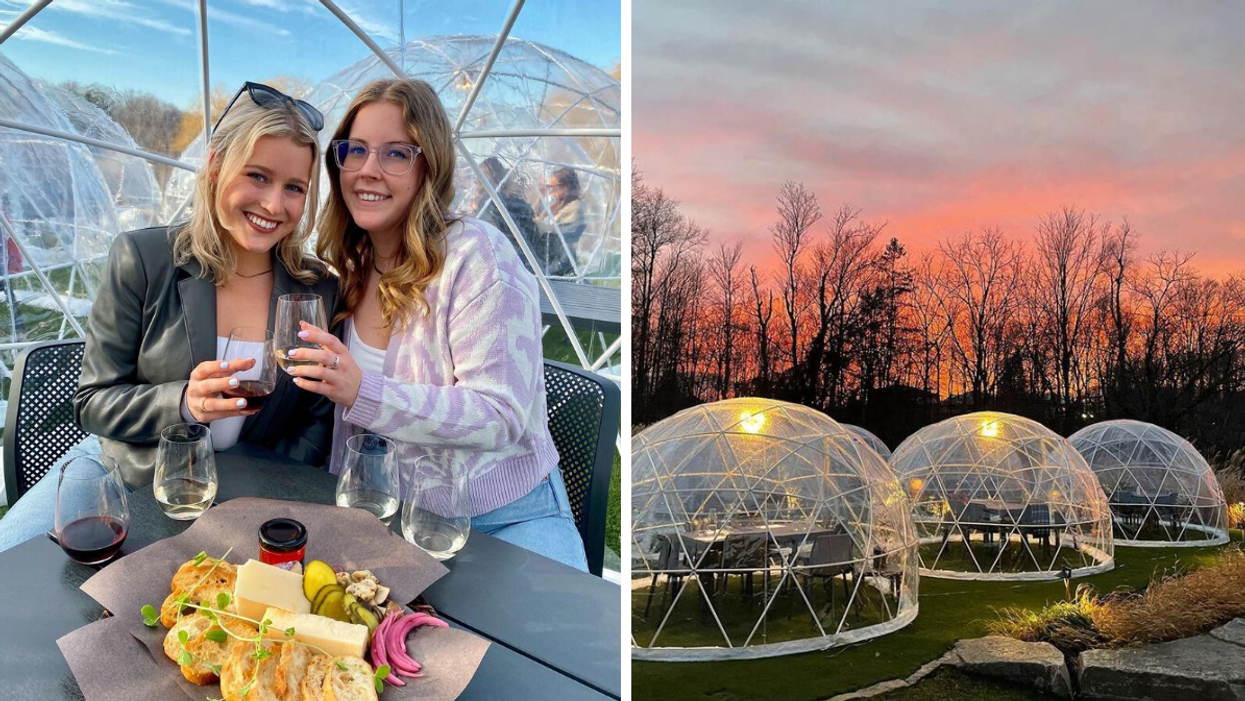Girls drinking flights of wine in a dome. Right: Snow globe patio village at sunset.