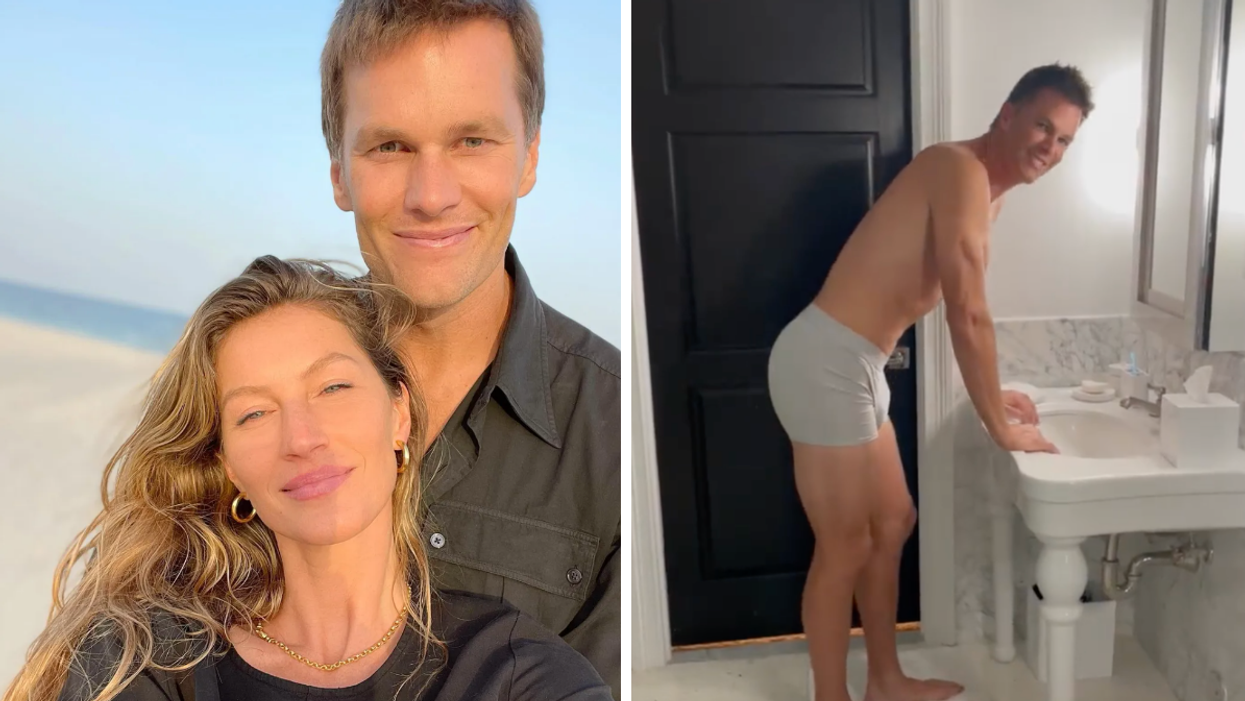 Gisele Bündchen and Tom Brady together. Right: Tom Brady in his underwear.