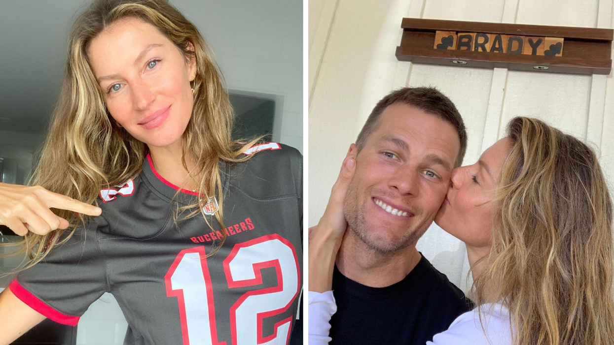 Gisele Bündchen in a Buccaneers jersey. Right: Gisele Bündchen kissing Tom Brady's cheek.