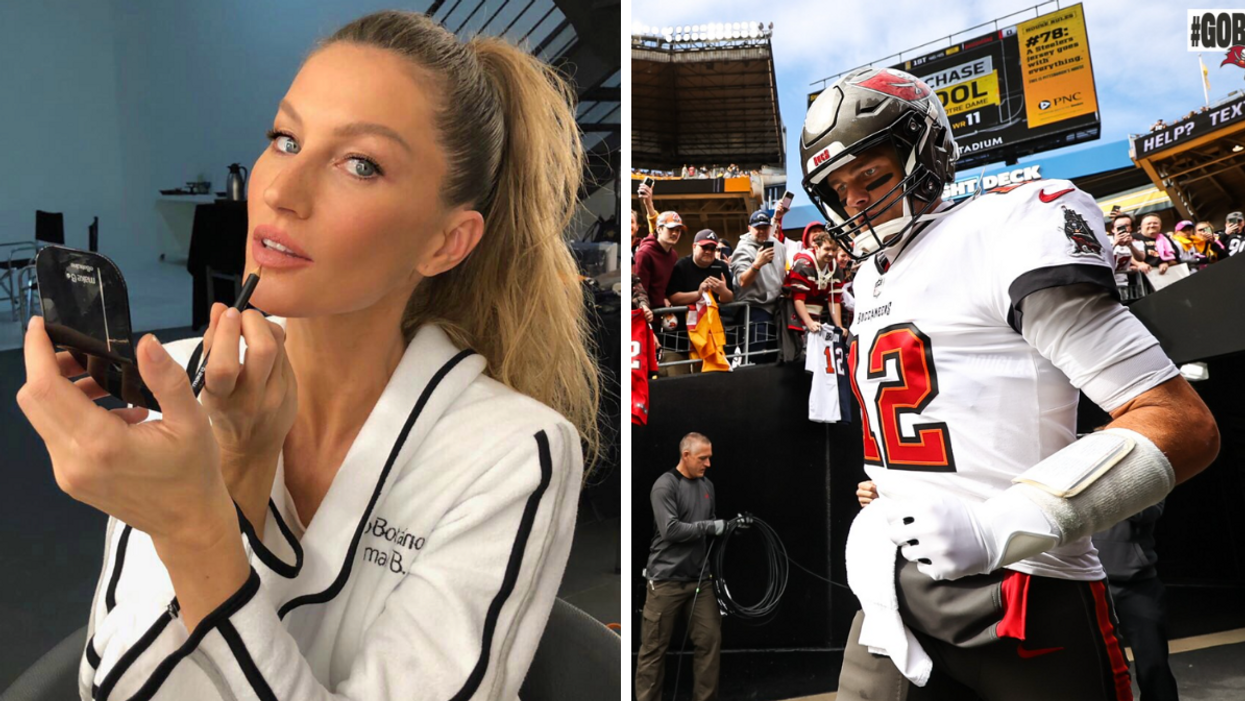 Gisele Bündchen putting on lip liner. Right: Tom Brady in a Buccaneers jersey.