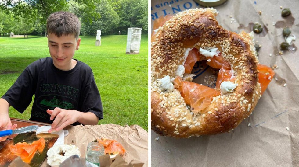 Gjin Lipa au parc du Mont-Royal. Droite : Bagel du St-Viateur Bagel.