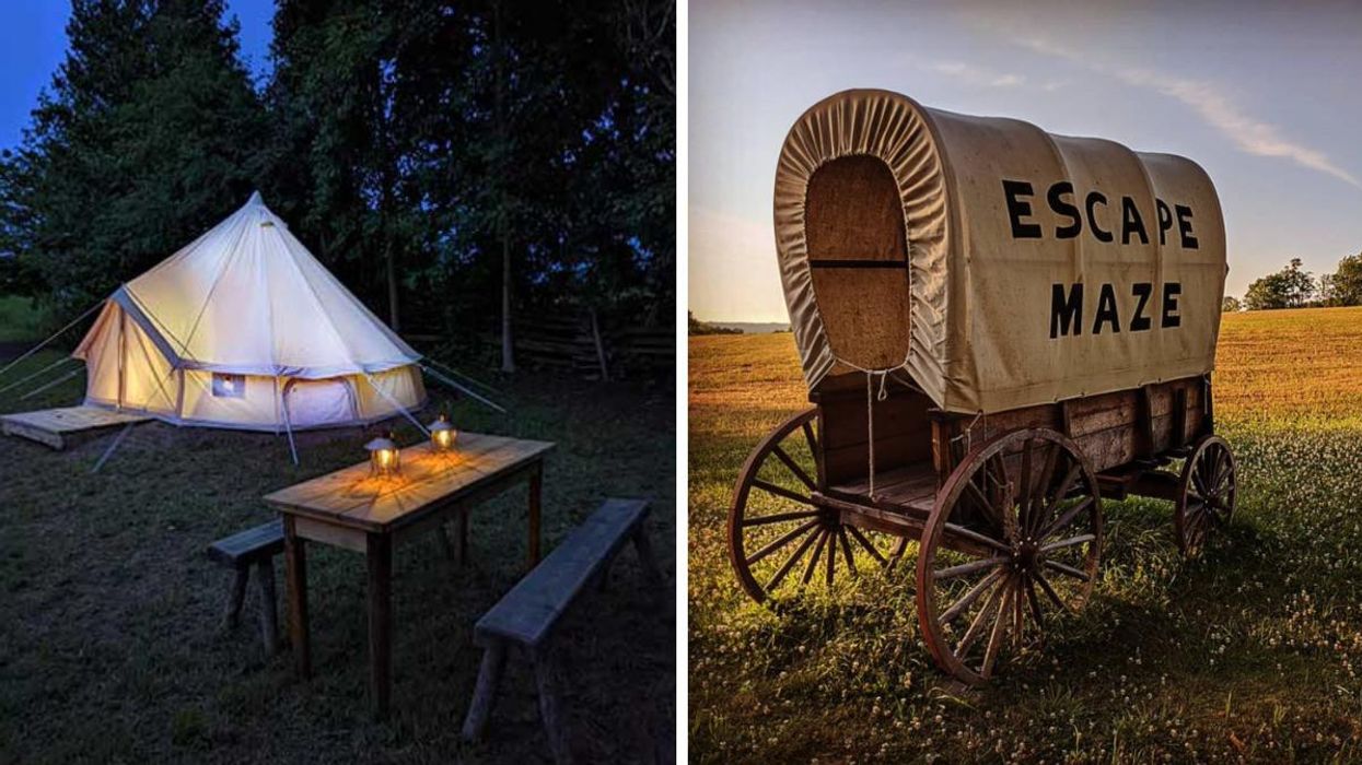 Glamping at Escape Maze. Right: Wagon at Escape Maze.