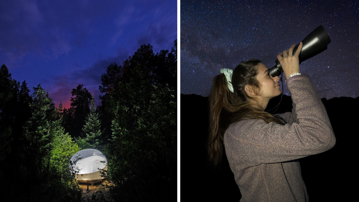 Glamping dome at Four Corners Algonquin. Right: Astrophysicist looking at the night sky with binoculars.
