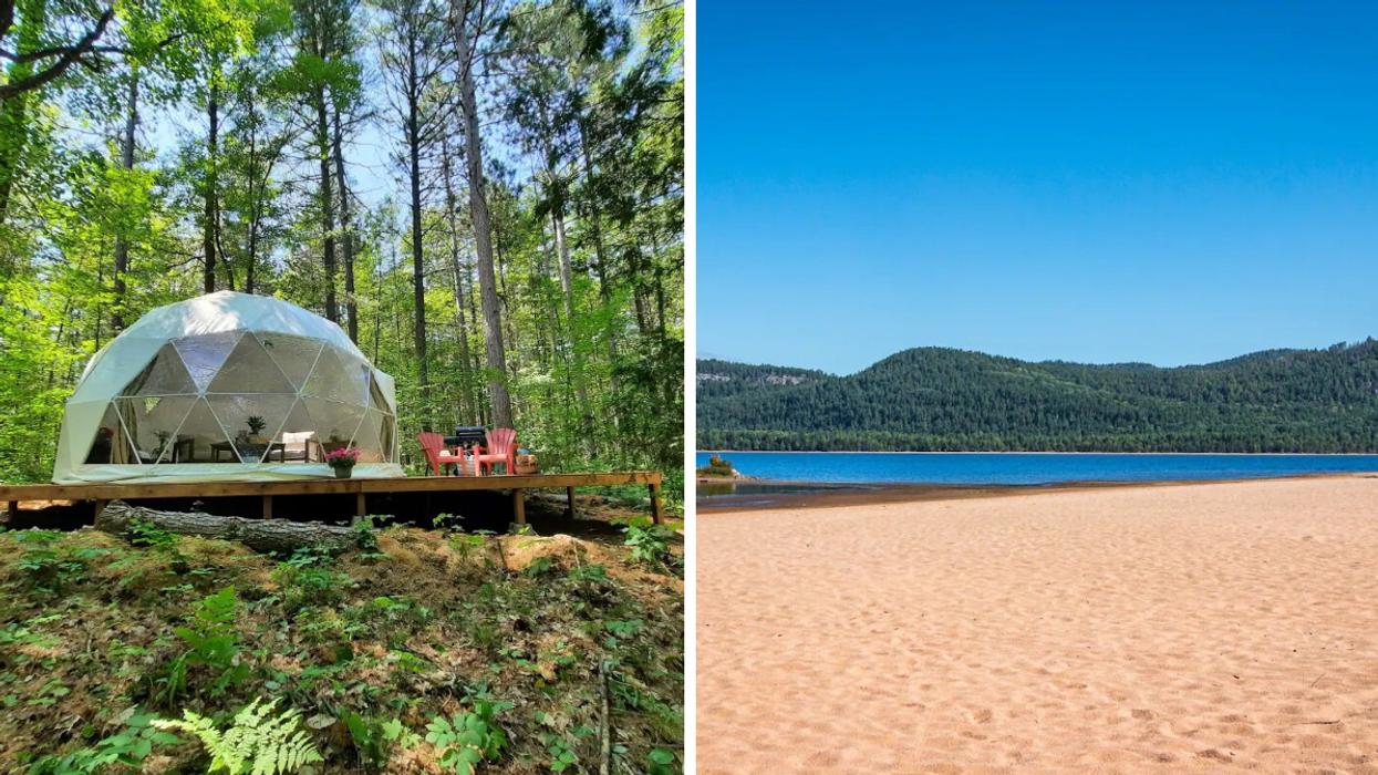 Glamping dome with a large deck in a forest. Right: Sandy beach next to a forest on the river.