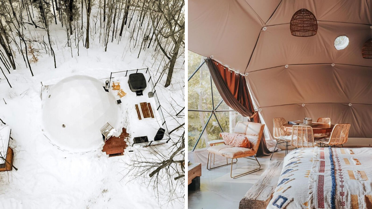 Glamping dome with a private deck in a forest. Right: Bed, chairs and kitchen table inside a dome rental.