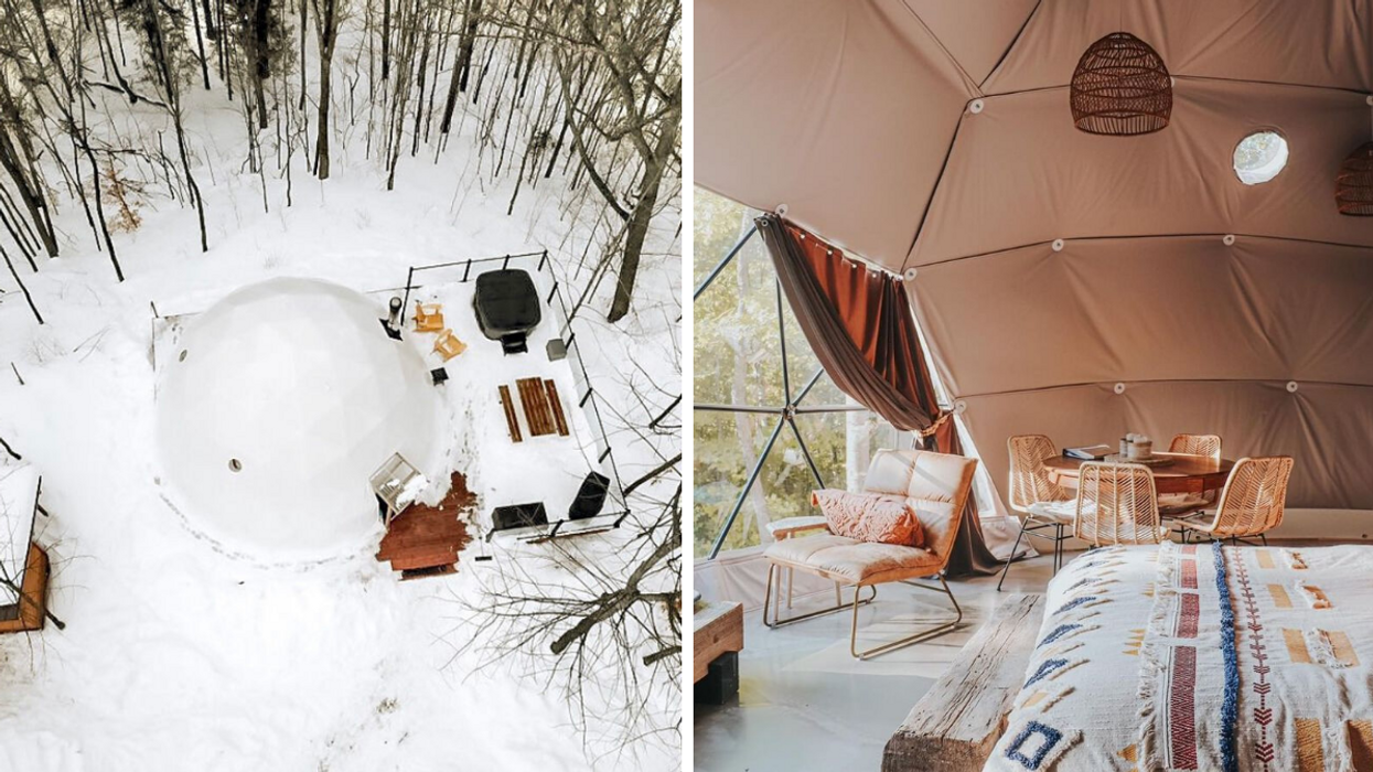 Glamping dome with a private deck in a forest. Right: Bed, chairs and kitchen table inside a dome rental.