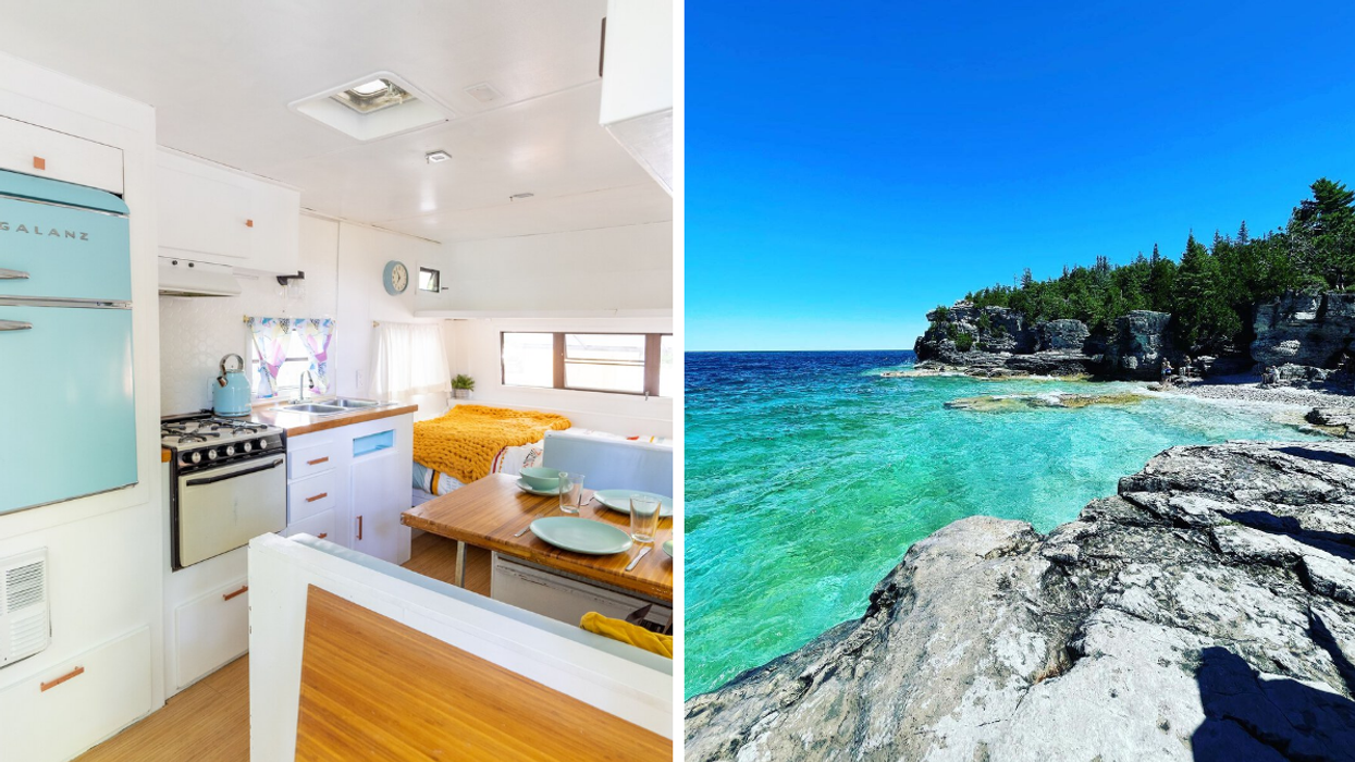 Glamping RV kitchen and bed with yellow decor. Right: Blue Georgian Bay water at the Grotto.