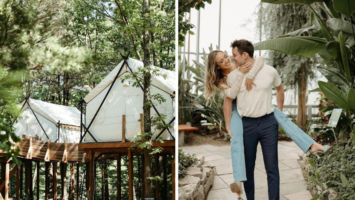 Glamping tents at Whispering Springs Wilderness Retreat in Grafton. Right: A couple at the Royal Botanical Gardens in Burlington.