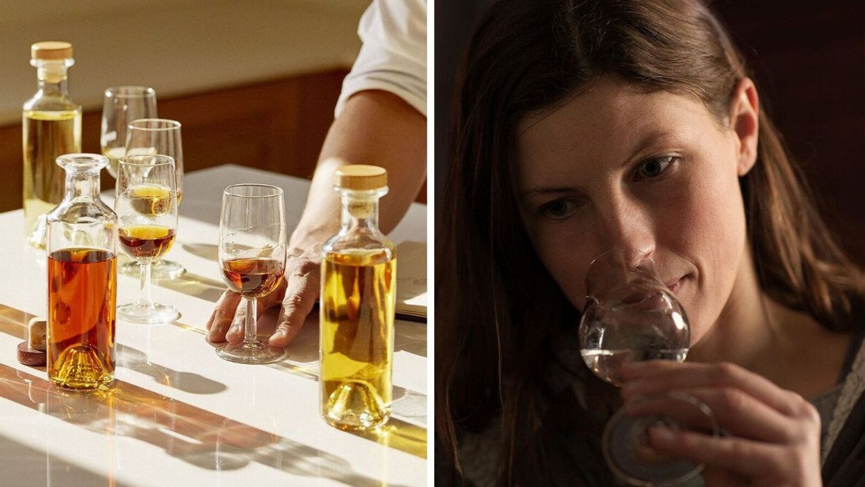 Glasses and bottles of cognac on a table. Right: A woman sipping a glass of liquor.
