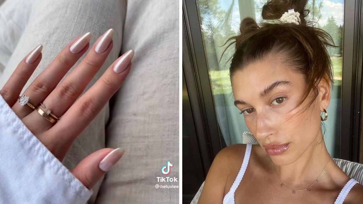 'Glazed donut' nails. Right: Hailey Bieber.