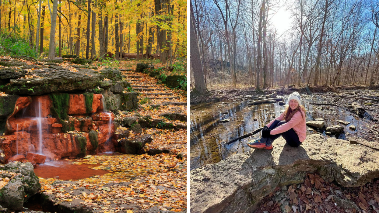 Glen Helen Nature Preserve. Right: A woman on a hiking trail.