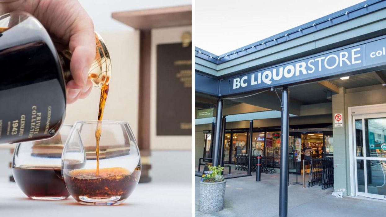 Glenlivet 80-Year-Old Gordon and MacPhail whiskey being poured. Right: BC Liquor store.