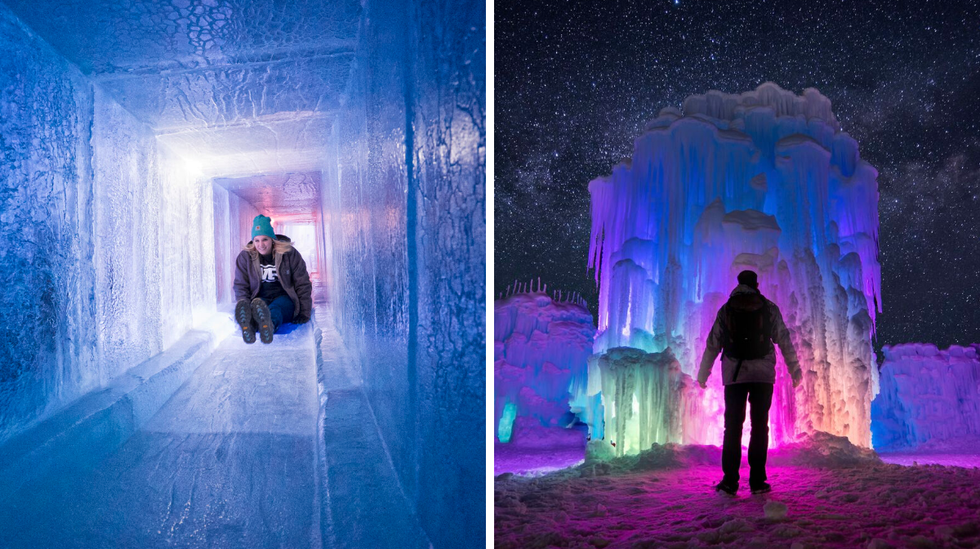 Glissade de glace. Droite : Ch\u00e2teau illumin\u00e9 au LED.