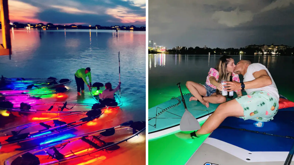 Glowing clear kayaks. Right: A couple on a light up paddle boardsin the middle of the water.