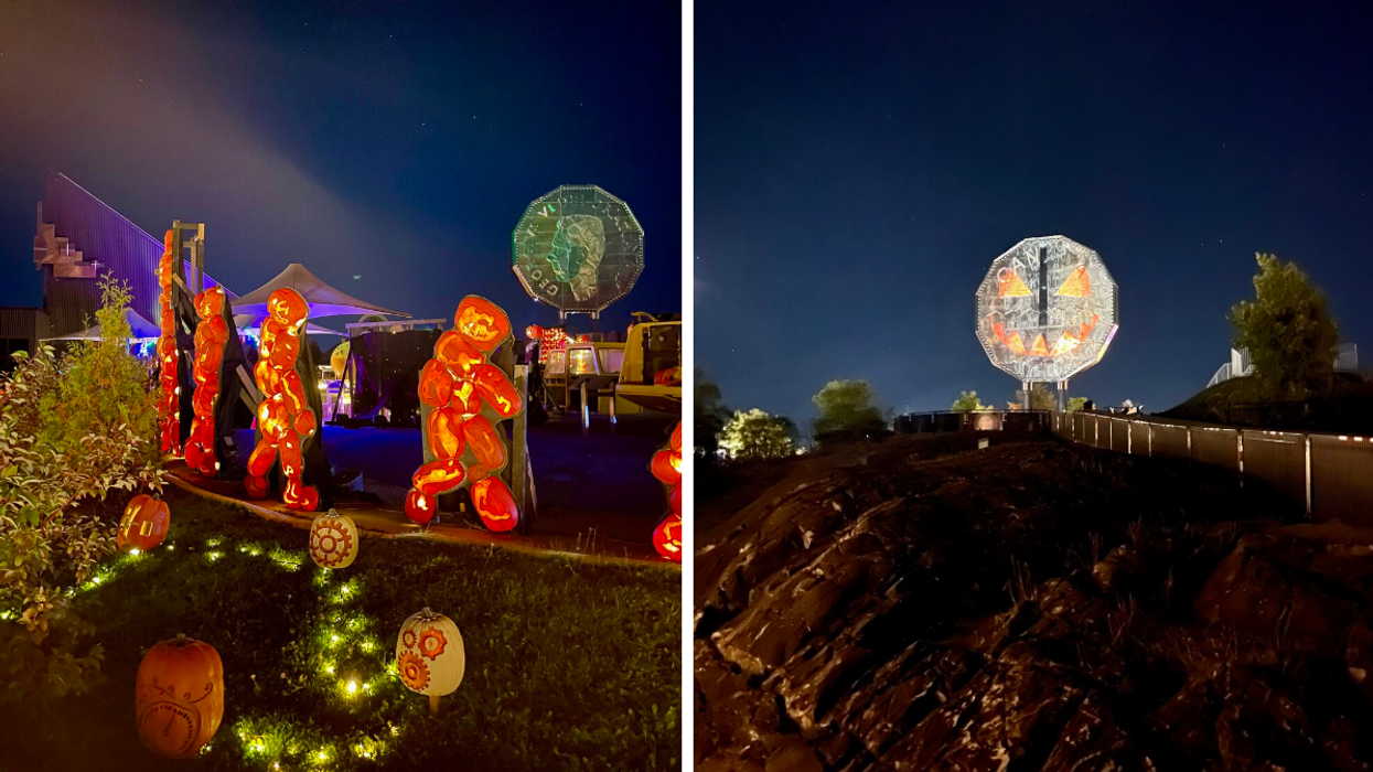 Glowing pumpkins on a Halloween trail. Right: Jack-o-lantern face in the Big Nickel.