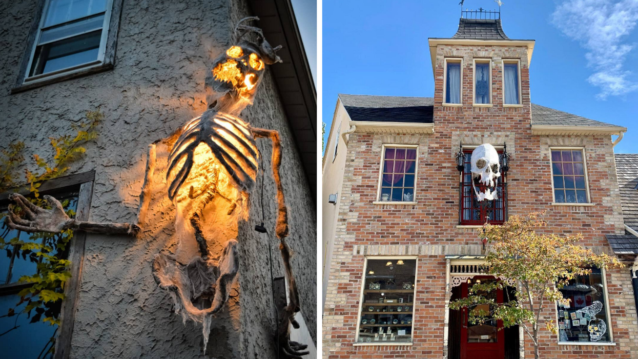 Glowing skeleton on a building wall. Right: Historic building with a monster sculpture.