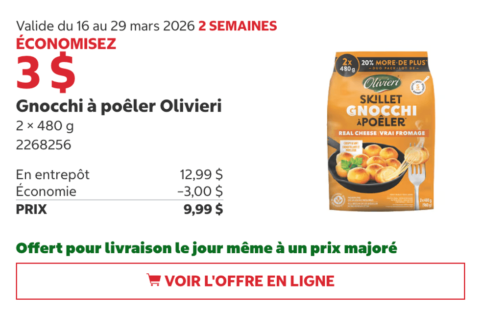 Gnocchi \u00e0 po\u00ealer Olivieri en rabais au Costco.