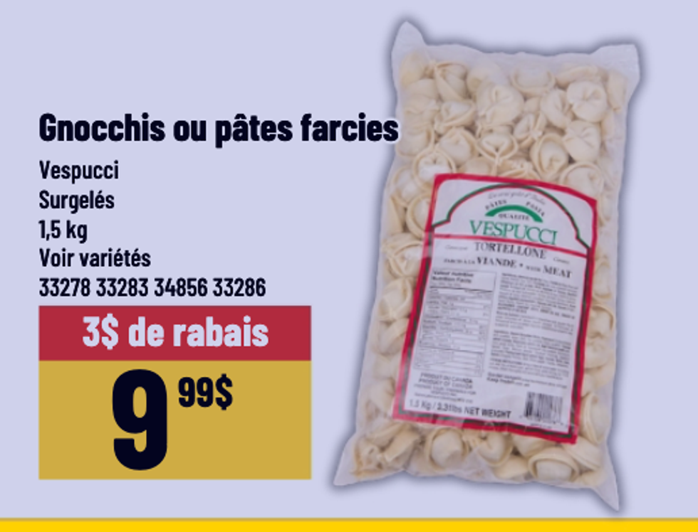 Gnocchis ou p\u00e2tes farcies Vespucci dans la circulaire du Mayrand.