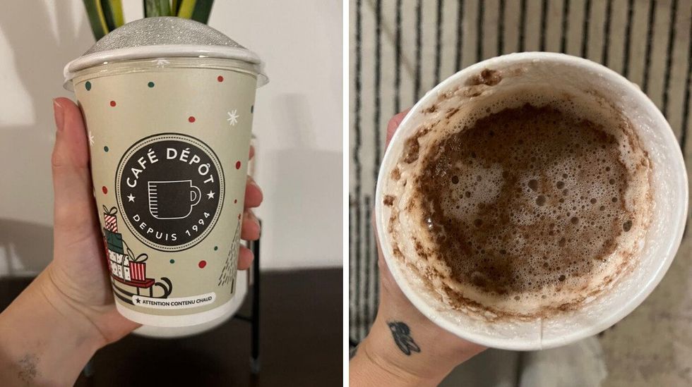 gobelet du caf\u00e9 d\u00e9p\u00f4t tenu devant une plante et tablette brune. droite : chocolat chaud du caf\u00e9 d\u00e9p\u00f4t dans un gobelet en carton.