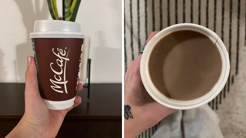 gobelet du McDonald's tenu devant une plante et tablette brune. droite : chocolat chaud du McDonald's dans un gobelet en carton.