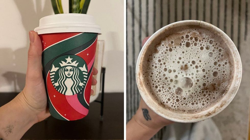 gobelet du starbucks tenu devant une plante et tablette brune. droite : chocolat chaud du starbucks dans un gobelet en carton.